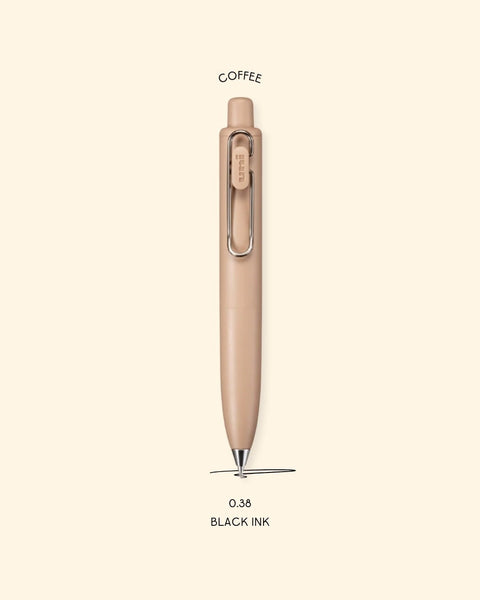 A picture of the Uniball One P Ballpoint Pen in the color Coffee, with text that explains that the nib size is 0.38 and the ink color is black