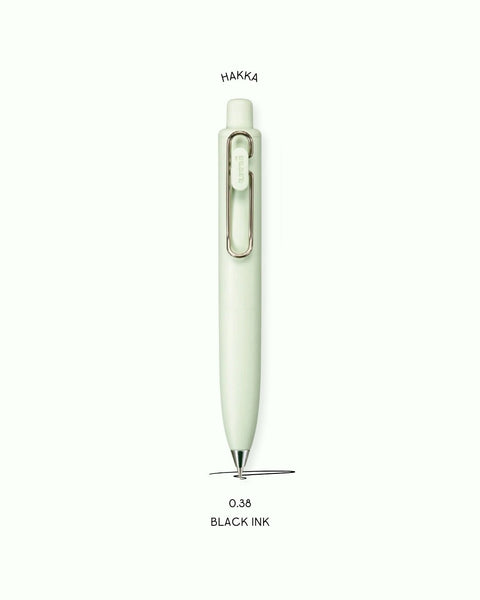 A picture of the Uniball One P Ballpoint Pen in the color Hakka, with text that explains that the nib size is 0.38 and the ink color is black