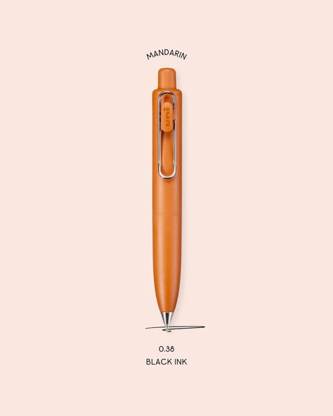 A picture of the Uniball One P Ballpoint Pen in the color Mandarin Orange, with text that explains that the nib size is 0.38 and the ink color is black