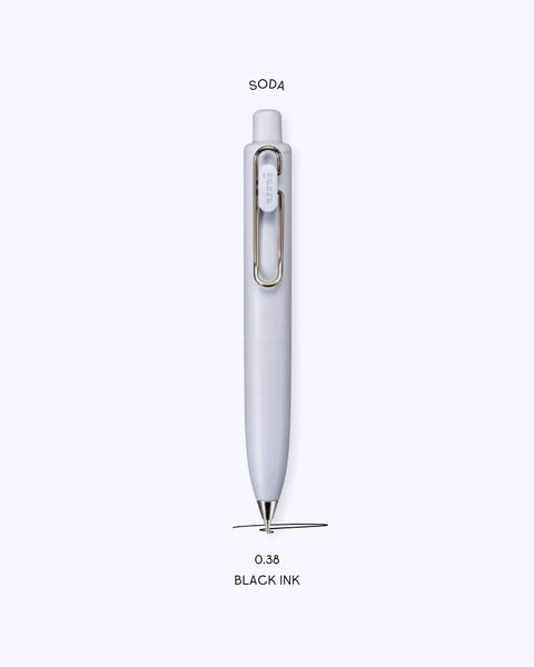 A picture of the Uniball One P Ballpoint Pen in the color Soda, with text that explains that the nib size is 0.38 and the ink color is black