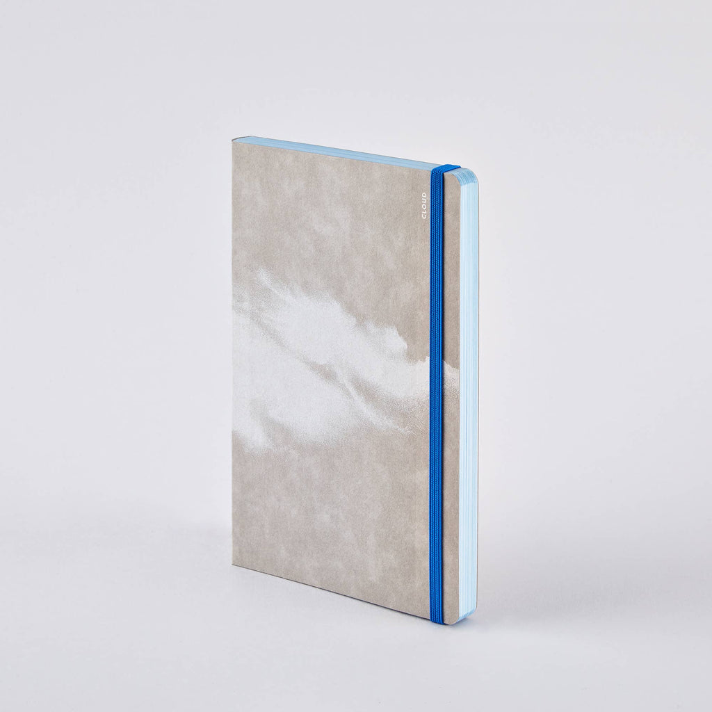 nuuna Clouds Junk Journal — grey softcover with a white cloud print and blue elastic closure