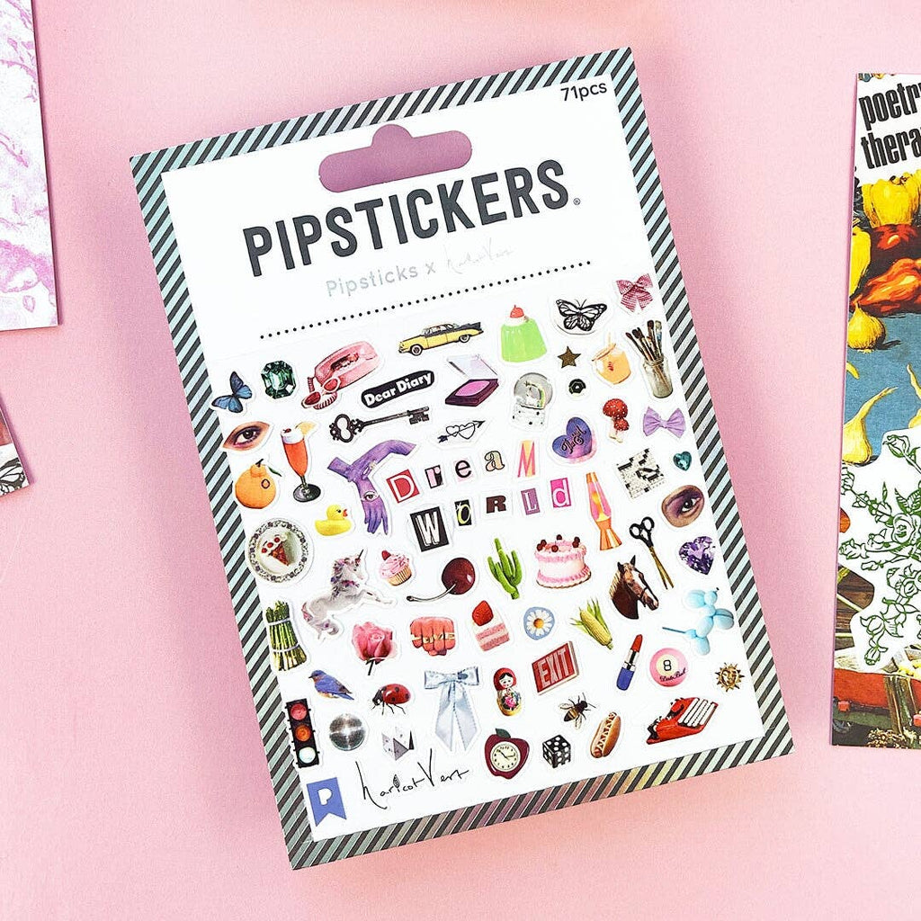 Dream World sticker details showing hand-drawn vintage design elements and whimsical illustrations