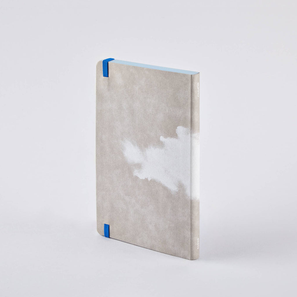 Back of the nuuna Clouds Junk Journal, grey cloud-print cover with blue elastic and light-blue page edges