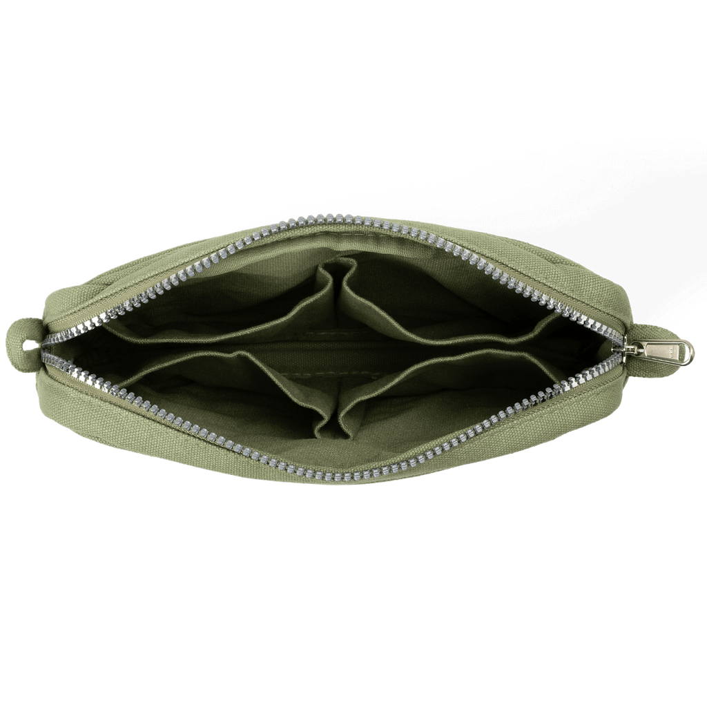 Soolla Studio Pouch in Ganja Green — green stationery pouch styled with supplies