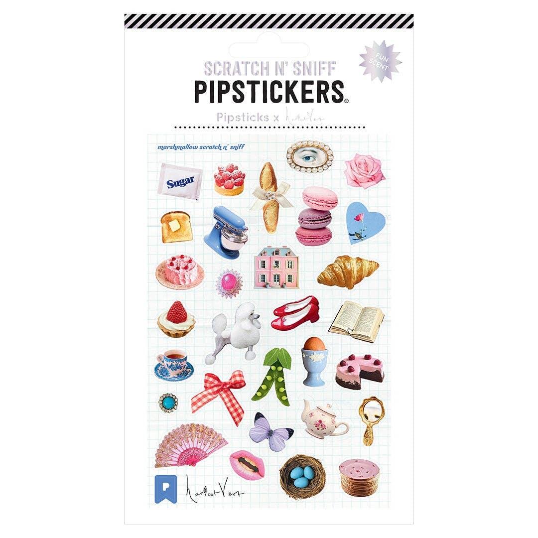 Haricot Vert scratch and sniff sticker sheet featuring nostalgic charms, colorful vintage-inspired illustrations and marshmallow scent