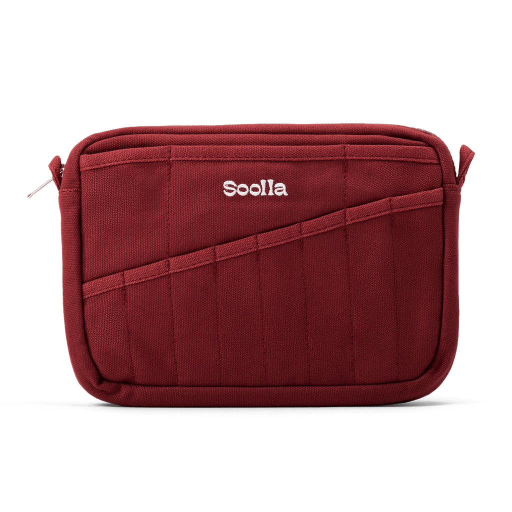 Soolla Studio Pouch in Sangria, a wine red heavyweight duck canvas pouch with 20 interior pockets