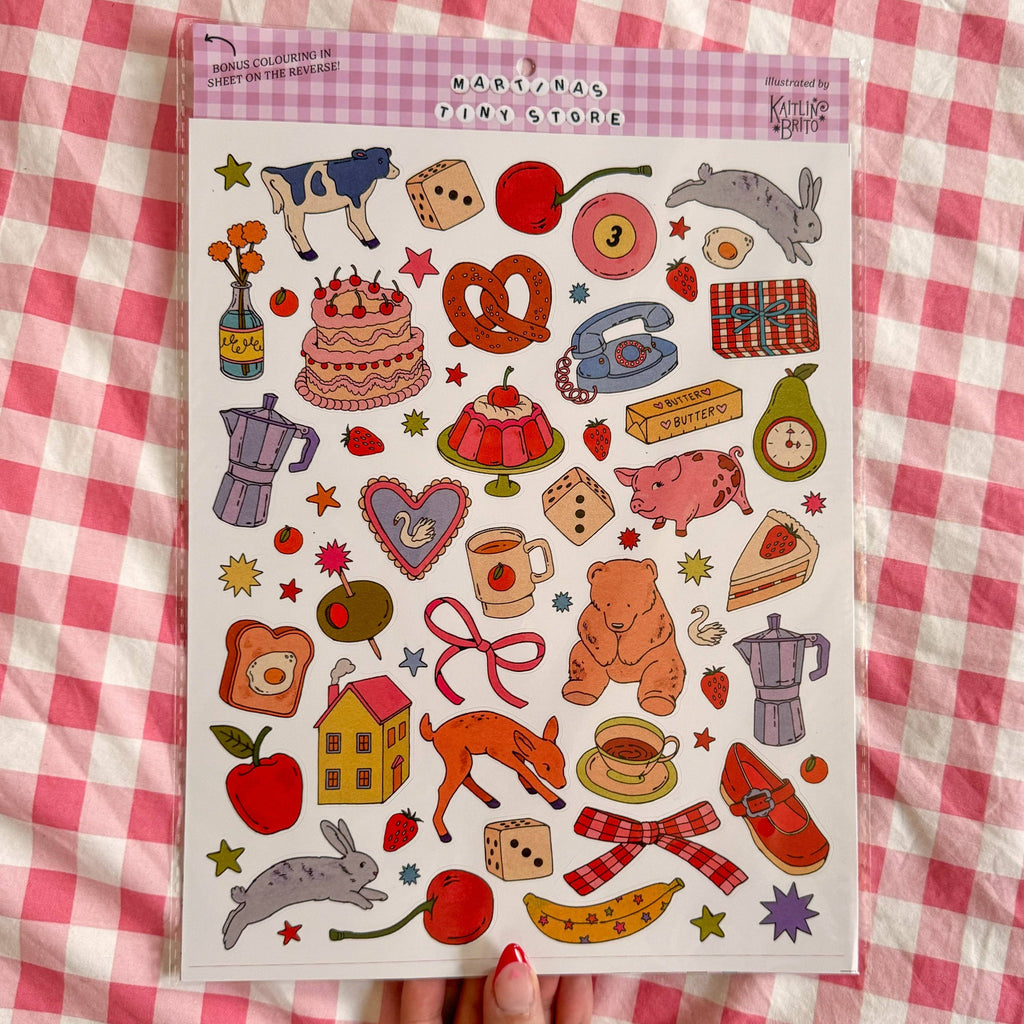 Large A4 scrapbooking sticker sheet by Kaitlin Brito for Martina's Tiny Store — retro journal stickers
