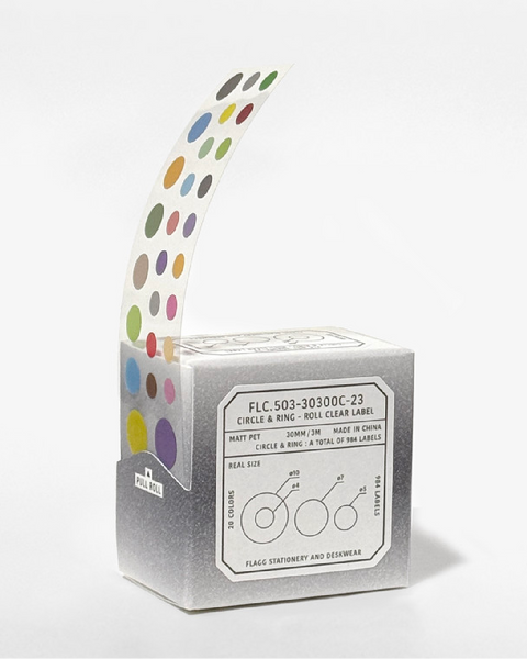 Packaging of Circle & Ring roll clear labels with colorful dots on a white background