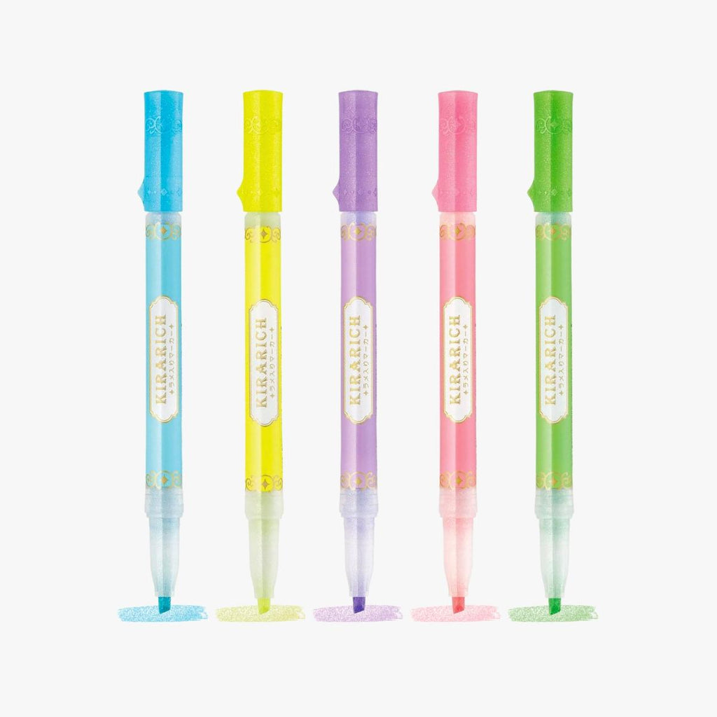 5 Kirarich silver glitter highlighters in blue, yellow, purple, pink and green