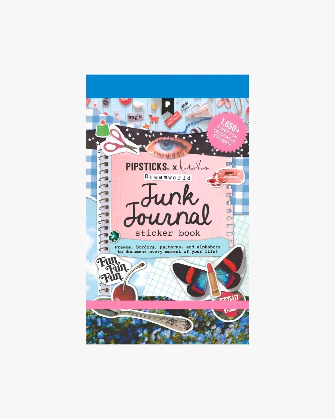 Pipsticks x Haricot Vert Dreamworld junk journal sticker book cover with collage stickers and pink elastic band