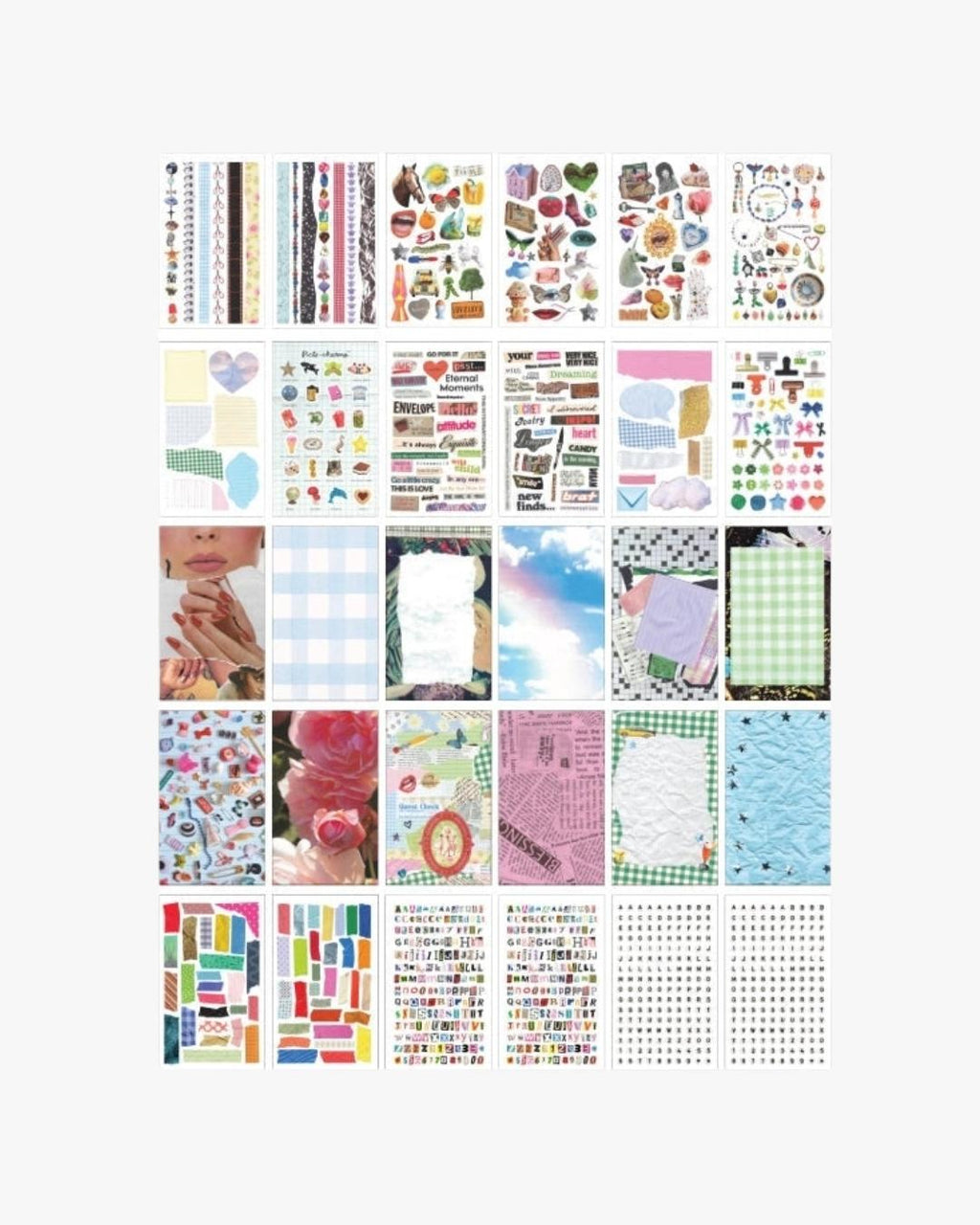 All 30 sticker sheets from the Dreamworld junk journal sticker book — borders, picto stickers, patterned papers and alphabet stickers