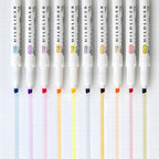 Set of Mildliner pens with color samples on a white background
