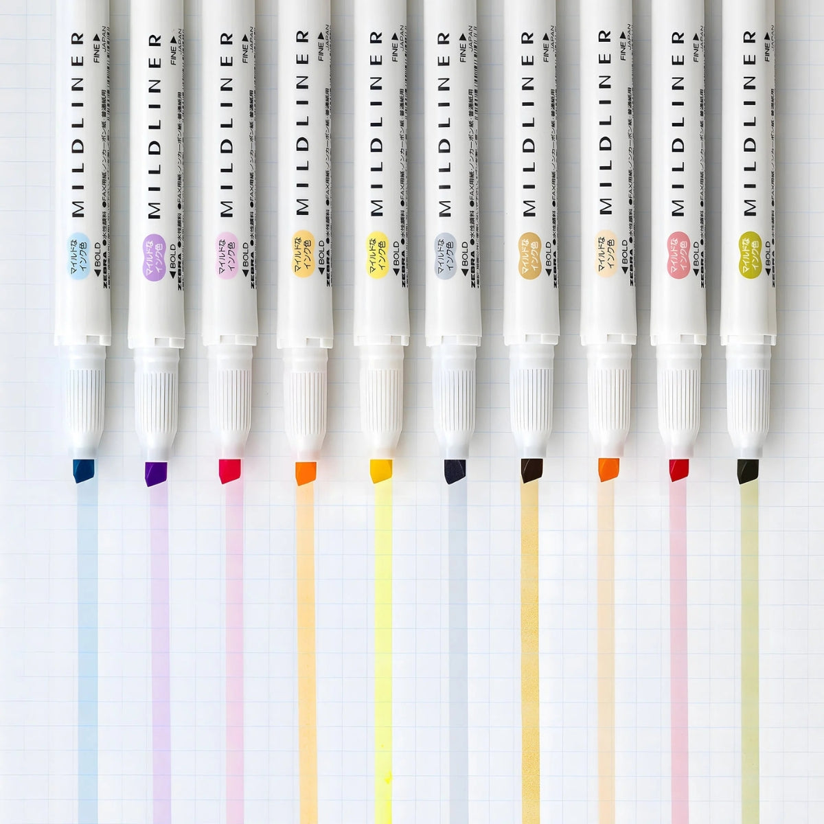 Set of Mildliner pens with color samples on a white background