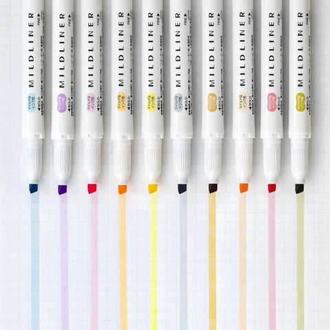 Set of Mildliner pens with color samples on a white background