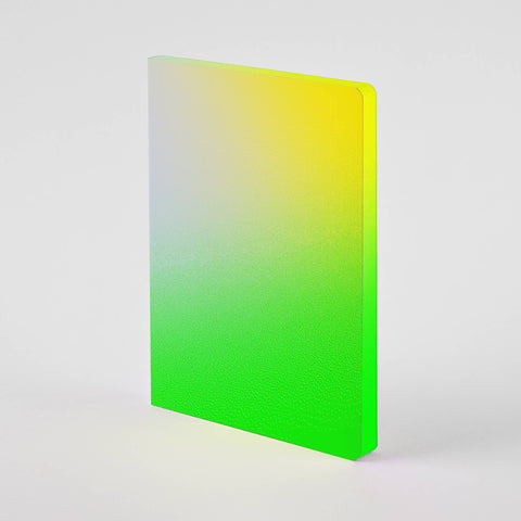 Neon green leather bullet journal with neon yellow and green colored edges, A5+ size by Nuuna