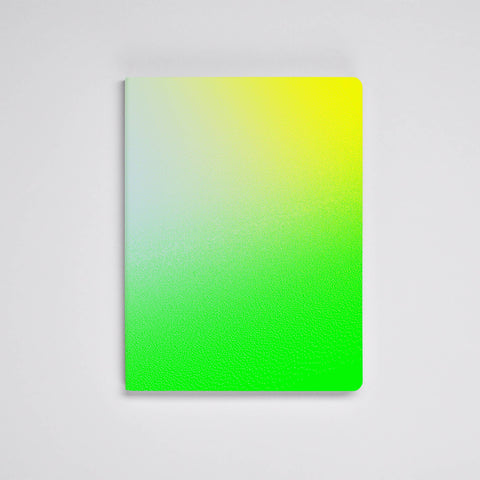Neon green leather bullet journal 'Fresh' color variant on light grey background
