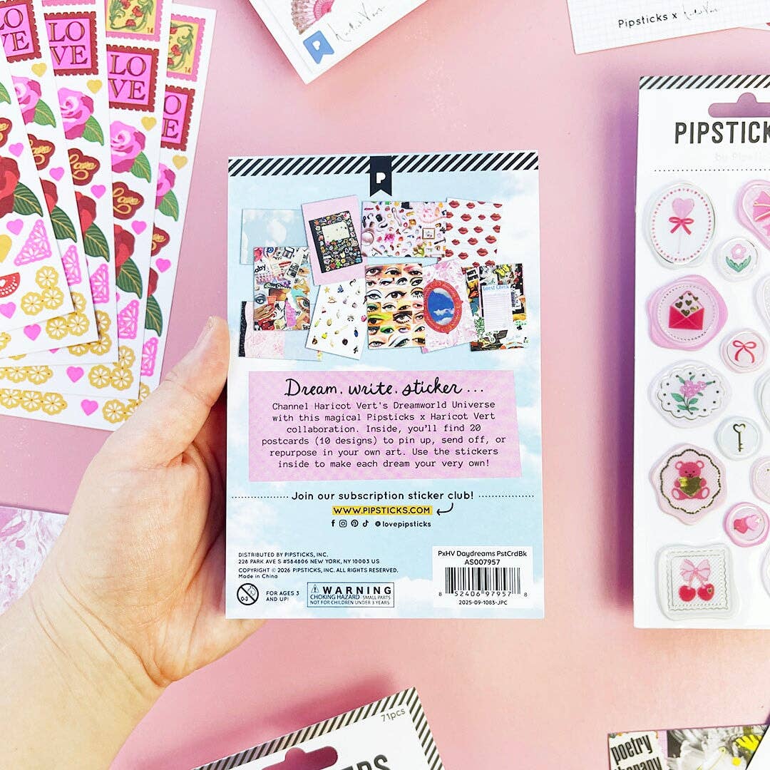 Daydreams postcard featuring whimsical illustrations and dreamy palette
