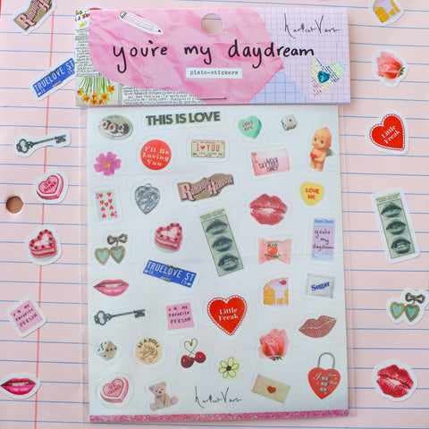 Haricot Vert Daydream Sticker Sheet featuring whimsical romantic designs for decorating diary entries and love notes